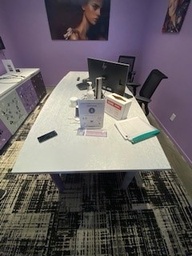 [#C8-198] Conference table, white top, metal purple leg
conference table.