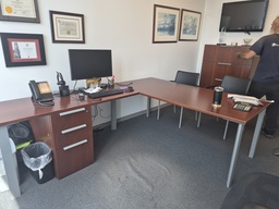 [#E6-1] 6' x 8' L-Shaped Desk - Wood, Metal, BBF ped