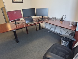 [#E6-5] 80" x 90" L-Shaped Sit/Stand Desk, Wood, Metal, 1 BBF ped