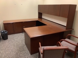 [#E7-81] Executive "U" Group w/ Wall Mounted Hutch, Tackboard, Tasklights 40x60
Bridge, 24x42
Credenza, 24x108 - 114
Hutch, 106x31x15
Desk w/ Box Box File, Center Drawer, Credenza w/ Double Lateral File, Right Hand
Cherry