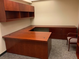 [#E7-70] Executive "U" Group w/ Wall Mounted Hutch, Tackboard, Tasklights Desk, 40x60
Bridge, 24x42
Credenza, 24x108 - 114
Desk w/ Box Box File,center Drawer, Credenza w/ Double Lateral File, Left Hand
Cherry