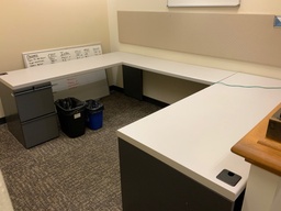 [#E7-65] Admin "U" Group, Laminate w/ Metal Supporting Pedestals, Tackboard, 30x66
Desk w/ Box Box File Supporting Pedestal, Credenza w/ Box Box File Supporting
Pedestal, Right Hand, Light Grey Laminate, Charcoal Paint