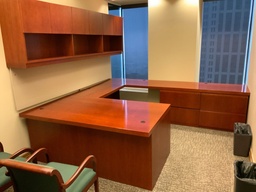 [#E8-87] Executive "U" Group w/ Wall Mounted Hutch, Tackboard, Tasklights
Desk w/ Box Box File, Center Drawer, Credenza w/ Double Lateral File, Right Hand
Cherry