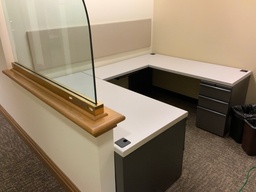 [#E7-84] Admin "U" Group, Laminate w/ Metal Supporting Pedestals, Tackboard,
Desk w/ Box Box File Supporting Pedestal, Credenza w/ Box Box File Supporting
Pedestal, Left Hand, Light Grey Laminate, Charcoal Paint