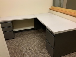 [#E6-44] Admin "L" Group, Laminate w/ Metal Supporting Pedestals,
Desk w/ Box Box File Pedestal, Credenza w/ File File Pedestals,
Right Hand, Light Grey Laminate, Charcoal Paint