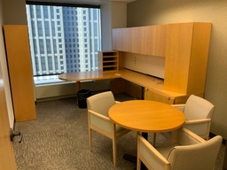 [#E8-63] Executive "L" Group w/ 98"W Hutch, Tackboard, Task lights, Paper Mgt.,
36x78 Bullet Desk w/ Modesty, 24x70 Return, 30"W FF Laateral Pedestal,
Desk Top Storage Tower, Right Hand, Maple