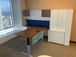 [#E8-76] Herman Miller Canvas Private Office
Components: 24x52 Height Adjustable Table Desk w/ Modesty Panel, Box File Mobile Pedestal w/ Padded Top, 2-Drawer 30"W Lateral File, 36"Hx30"Wx18"D Top Unit Bookcase w/ Doors, 24x72 Single Pedestal (Box Box File) Credenza, 72W Freestanding Hutch w/ Sliding Doors, 24Dx12Wx66H Storage Tower, Center Drawer