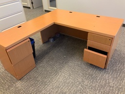 [#E6-GP35 Pic # (65)] "L" Group Right - 36x66 Single Pedestal Desk w/ Box File Pedestal Right, Left Return w/ 20x42 BF Left - -Way Radius Edge Detail - Oak