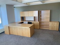 [#E8-GP33 Pic # (191)] Geiger Private Offices
Executive "U" Group -  36x90 Single Pedestal Desk - BBF w/ Freestanding Hutch, Tackboards, Task light, Surface Storage Tower Desk, Center Drawer, Credenza w/ Double Lateral File &amp; BBF, Right Hand - Light Maple