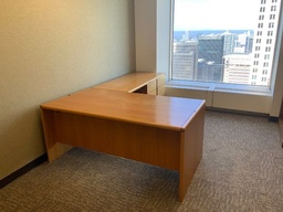 [#E6-GP33 Pic # (208)] "L" Group Right - 36x66 Single Pedestal Desk w/ BF Pedestal, Long Right Return w/ 24x60 BF Right, 8-Way Radius Edge Detail - Oak
