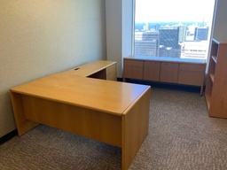 [#E6-GP33 Pic # (200)] "L" Group Right - 36x66 Single Pedestal Desk w/ BF Pedestal, Left Return w/ 20x42 BF Right, 8-Way Radius Edge Detail - Oak